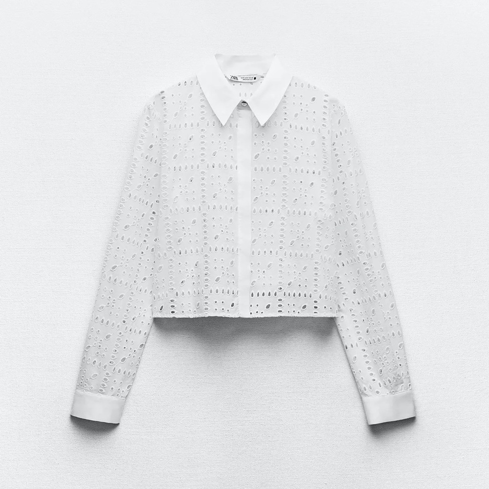 Zara OpenWork White Embroidery Button-Up Shirt